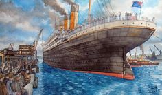 a painting of a large ship in the water with people standing on it and looking at it