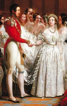 a painting of two people shaking hands with other people in formal dress and tiaras