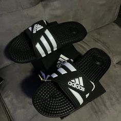 Sandals Black And White Sandals, Adidas Slides, Clogs Style, Adidas Boost, Black Slides, Adidas Adilette, Adidas Golf, Rubber Shoes, Shoes Adidas