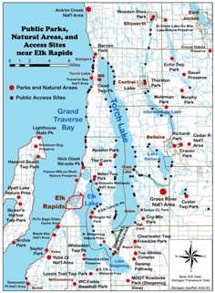 a map showing the location of many parks and rivers in new york, near elk rapids