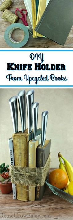 an open book sitting on top of a wooden table next to fruit and books with scissors