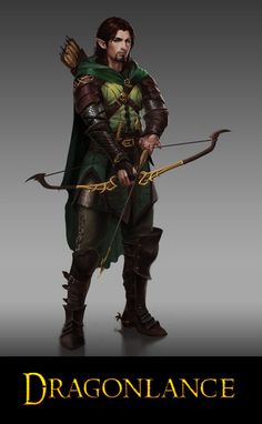 a man in armor holding a bow and arrow with the words dragonliance on it