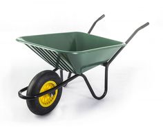 a green wheelbarrow with yellow wheels on a white background