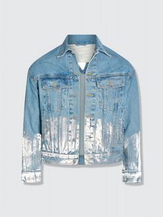 Light Wash Denim Jacket, Reworked Denim, Clothing Art, Bleached Denim, Blue Jean Jacket, Fancy Hats, Silver Buttons, Metallic Foil, Pocket Jeans