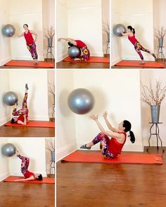 the woman is doing exercises on her yoga mat with an exercise ball in front of her