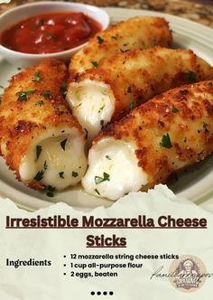 there is a white plate with food on it and the words irresistiblely mozzarella cheese sticks