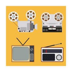 an old fashioned tv and some movies on a table with remotes, tape recorder and radio