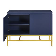 a blue cabinet with gold legs and an open door