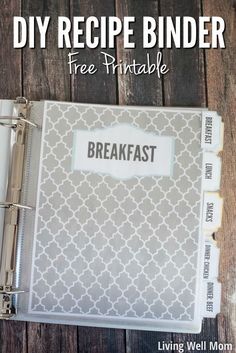 a recipe binder is shown with the words, free printable breakfast on it