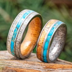 Matching Wood, Antler, and Turquoise Wedding Bands Men’s Wedding Band With Turquoise, Turquoise Wedding Ring Set, Turquoise Wedding Ring, Hers And Hers, Turquoise Wedding Rings, Deer Antler Ring, Rustic Wedding Bands, Mesquite Wood, Antler Ring