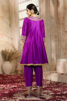 Violet short anarkali with floral pattern gota embroidery. Comes with matching salwar and dupatta. - Aza Fashions Reception Jamawar Salwar Kameez With Dabka, Raw Silk Salwar Kameez With Dabka For Reception, Reception Salwar Kameez With Resham Embroidery In Jamawar, Resham Embroidered Jamawar Salwar Kameez For Reception, Reception Salwar Kameez With Resham Embroidery, Reception Jamawar Salwar Kameez With Resham Embroidery, Anarkali Sets With Resham Embroidery In Raw Silk, Salwar Kameez With Zari Work For Reception, Jamawar Salwar Kameez With Zari Work For Reception