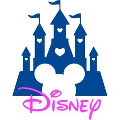 the logo for disney is shown in pink and blue with a castle on it's side