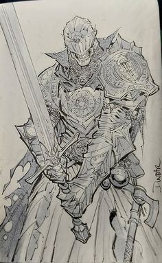 a drawing of a knight holding two swords