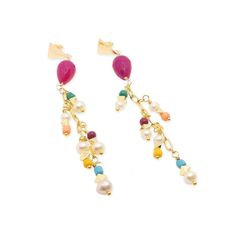 From the beach to the nightlife. Travel bravely with our handcrafted Miami Beach Earrings, designed to brighten whatever path you choose to tread. Take these earrings from chill vibes of the ocean all the way to the high energy of the city's nightlife, this set is the perfect pair to take your look from day to night in an instant.  These beauties are dipped in 24k Gold, pink jade, hematite, freshwater & little pops of color throughout.  Features: Dipped to perfection in 24k Gold  Pink Jade, pearls & Hematite Accents LaCkore Couture exclusive. Inspired by nature and the latest trends.  100% satisfaction guarantee.  Tarnish-Free Materials.  Made entirely in the USA. Designed and handcrafted by Erin. Limited quantities. Snag yours before they sell out! Summer Dangle Clip-on Earrings As A Gift, Summer Gift Dangle Clip-on Earrings, Trendy Beach Earrings With Dangling Beads, Trendy Dangling Beads Earrings For Beach, Single Dangle Earring For Beach, Beach Earrings With Dangling Beads, Pink Jade, Beach Earrings, Chill Vibes