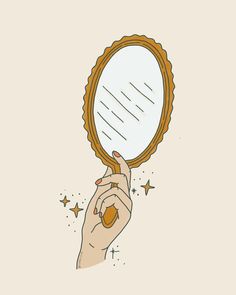 a hand holding a mirror with stars around it