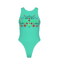 a women's swimsuit with an embroidered design