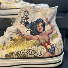 Dc Comics - Wonder Woman Converse Sneakers (Great Condition - Never Worn) Box Included Converse Sneakers, Womens Converse, Converse High Top Sneaker, Converse Chuck Taylor High Top Sneaker, Gold Trim, Womens Shoes Sneakers, Dc Comics, High Top Sneakers, Converse