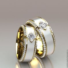 two wedding rings with diamonds on them are shown in gold and white colors, one is set against the other