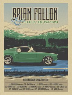 the poster for an upcoming event featuring a green car and mountains in the background,