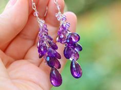 "THE JEWELRY IS SHIPPED via DHL EXPRESS (2-5 days delivery door to door). THE DHL SHIPPING COST IS INCLUDED IN THE PRICE. The Violet Dance Earrings - Purple Amethyst Earrings Cascade, Long Cluster Gemstone Earrings ► Measurements / Details: - Length including earwire: 2.5\" (~6.4 cm) *can be made shorter/longer per request - Silver: High quality Sterling Silver - Gold: High quality Gold Filled ► Gemstones: The earrings include excellent AAA quality gemstones, they are undyed, natural, superbly f Purple Briolette Fine Jewelry Earrings, Purple Gemstone Accented Drop Earrings, Purple Drop Earrings With Gemstone Accents, Amethyst Gemstone Earrings For Party, Amethyst Earrings With Gemstone Accents For Wedding, Amethyst Gemstone Earrings For Wedding, Amethyst Gemstone Wedding Earrings, Party Amethyst Drop Earrings, Purple Briolette Earrings For Wedding