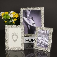 three different frames with flowers and pictures on them