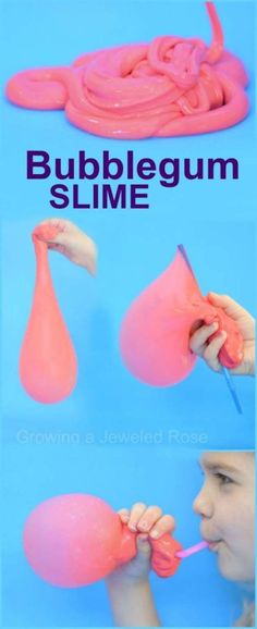 the instructions to make bubblegum slime for kids are shown in three different ways