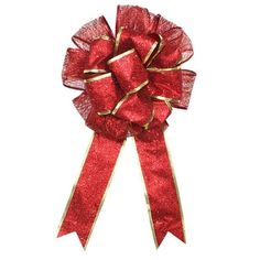 a red bow with gold trim on it's side and ribbon around the edge