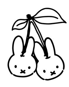 two bunnies hanging from a branch with leaves on it's head and eyes drawn in black ink