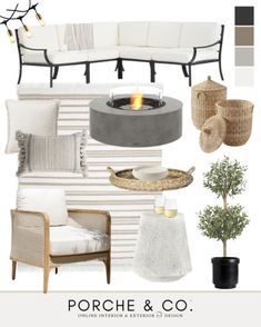 a living room with white furniture and accessories