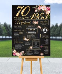 a sign with flowers on it that says 40 years ago in black and gold lettering