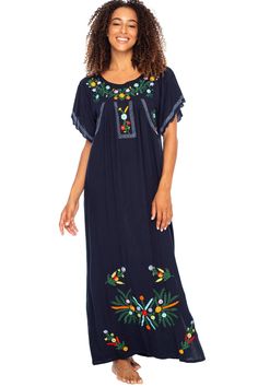 VIBRANT CUSTOM FLORAL EMBROIDERY and a loose flowy fit make this beautiful boho inspired black Mexican maxi dress the perfect long summer kaftan or beach dress COOL AND COMFORTABLE with side slits for ease of moment, the slimming A-line is design is great for everyday wear. Or dress it up for a dazzling night out. Short sleeves have feminine scalloped edges 100% RAYON. With a soft, silky feel, rayon is a natural fiber that lets skin breathe. This beach dress is moisture absorbent and dries quick Summer Embroidered Short Sleeve Maxi Dress, Summer Embroidered Maxi Dress With Short Sleeves, Embroidered Short Sleeve Maxi Dress For Summer, Spring Embroidered Beachwear Maxi Dress, Summer Vacation Embroidered Maxi Dress, Short Sleeve Embroidered Dresses For Beach Season, Casual Beach Dresses With Floral Embroidery, Embroidered Maxi Dress For Summer Vacation, Casual Embroidered Dresses For Beach Season