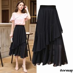 Bormay - Irregular Hem Chiffon Midi Skirt in Black - Lightweight and Elegant Chiffon Midi Skirt, Irregular Skirt, Black Maxi Skirt, Irregular Hem, Chiffon Skirt, Black Maxi, Maxi Skirt, Midi Skirt, A Line