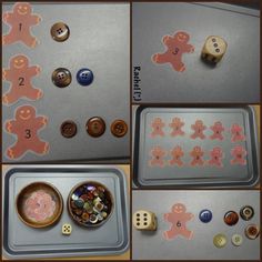 several pictures of buttons and gingerbreads on a cookie sheet, including one with numbers