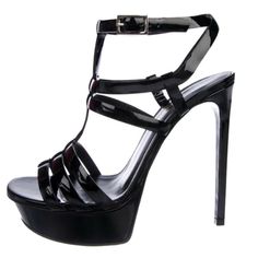 Saint Laurent Patent Leather Platform Sandals Black Heel Measures At Approximately: 4.25", Platform Measures At Approximately: 1"; Ankle Buckle Closure; 100% Lambskin Leather; Round Platform Toe, Strappy Vamp Straps; Patent Finish. Made In Italy. Modern Patent Leather Sandals For Night Out, Elegant Strappy Patent Leather Sandals, Strappy Patent Leather Evening Sandals, Glamorous High Heel Patent Leather Sandals, High Heel Patent Leather Sandals For Gala, Modern Patent Leather Sandals For Party, Party Sandals With Wrapped Heel In Patent Leather, Sleek Patent Leather Sandals For Party, Designer Platform Sandals For Party