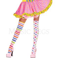 Rainbow Striped Amd Polka Dot Thigh High Dtocking Socks Pair Ravewear Dancewear Playful Thigh High Fitted Socks, Playful Thigh-high Fitted Socks, Playful Fitted Thigh High Socks, Playful Fitted Thigh-high Socks, Playful Fitted Thigh High Stockings, Playful Fitted Thigh-high Stockings, Fitted Yellow Socks For Spring, Scenecore Clothes, Decora Aesthetic