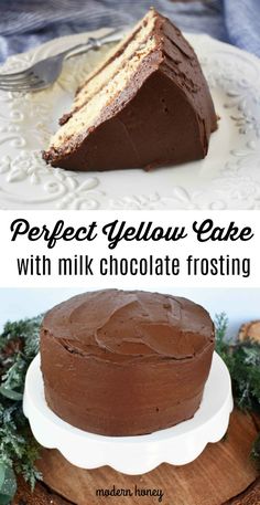 a cake with chocolate frosting on top and the words perfect yellow cake above it