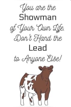 a brown and white cow standing in front of a sign that says, you are the show