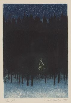 a painting of trees in the snow at night