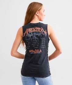 Affliction Electric Eagle Tank Top - Black X-Large, Women's Blacklavawash Foiled graphic lace-up washed tank Raw edge details Bust measures 32 on size small Body length 25 on size small. 100% Cotton. Machine wash cold with like colors. Do not bleach. Tumble dry low. Do not iron. Do not dry clean. Apparel & Accessories > Clothing > Shirts & Tops Fitted Distressed Cotton Tank Top, Distressed Fitted Cotton Tank Top, Acid Wash Sleeveless Tank Top For Festival, Acid Wash Cotton Tank Top For Festivals, Festival Acid Wash Cotton Tank Top, Edgy Distressed Cotton Tank Top, Black Washed Sleeveless Top, Sleeveless Grunge Tops For Festival, Acid Wash Distressed Sleeveless Tank Top