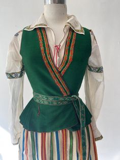 Traditional 1930's Latvian Folk costume Presented to Ms Rose Standfield in 1931 by the Latvian Woman's Society. I was told that Rose travelled through Eastern Europe, meet the women folk many countries. She collected local stories and folk songs and had a passion for local traditions and skills. These beautiful pieces were all made by hand incorporating many traditional skills and local materials. All hand woven and hand embroidered. This is a very collectable piece. In great condition for its a Polish Clothing, German Outfit, Womens Costumes, Folk Clothing, Larp Costume, Folk Dresses, Folk Fashion, Folk Costume, Fantasy Clothing