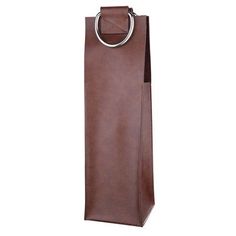 a brown leather bag with a metal ring on the front and bottom, hanging from it's side