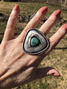 Blue Green Turquoise Triangle Shadowbox Ring Unique Turquoise Ring With Concho For Gift, Gift Turquoise Ring With Concho, Adjustable Stamped Turquoise Ring In Sterling Silver, Adjustable Stamped Sterling Silver Turquoise Ring, Southwestern Stamped Turquoise Ring Gift, Southwestern Style Stamped Turquoise Ring As Gift, Bohemian Engraved Turquoise Ring In Sterling Silver, Artisan Silver Turquoise Ring Untreated, Unique Adjustable Stamped Turquoise Ring