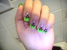 neon green bio hazard nails Cool Nails Y2k, Biohazard Nails, Male Acrylic Nails, Xbox Nails, Wizard Nails, Weird Core Nails, Monster Energy Nails, Emo Nail Ideas, Neon Green Black Nails