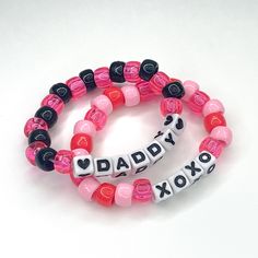 "The Daddy double stack includes one \"Daddy\" and one \"XOXO\" stretchy beaded bracelet Made to order! Please include wrist measurement in centimeters (: Check out our custom listings for more color and word options, or create your own stack!" Daddy Bracelet, Scene Bracelets, Homemade Bracelets, Stretchy Beaded Bracelet, Bracelet Inspo