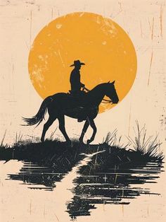 a man riding on the back of a horse across a river under a yellow sun