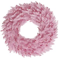 a pink christmas wreath with red lights on the top and bottom corner, in front of a white background