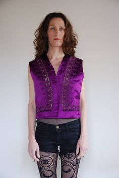 90's Versace silk satin cut out lace fancy Euro boho vest Formal Silk Vest For Spring, Fitted Silk Summer Vest, Fitted Satin Tops With Lace Trim, Fitted Satin Top With Lace Trim, Fitted Purple Silk Tops, Versace 1990's, Shiny Luminous, Euro Trash, 90s Versace