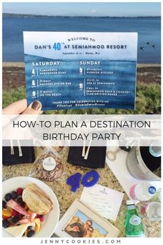 a person holding up a sign with the words how to plan a destination birthday party