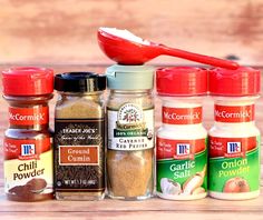 spices and seasonings on a wooden table