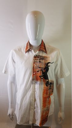 This Orange/White Painted Design shirt is from one of the finest collections of Edem Fashion Art in West Africa. The shirt comes in three different sizes M, L, XL  Edem Fashion Art is known for his talented clothes painting Horse Symbol, Clothes Painting, West Africa, White Paints, Paint Designs, Orange White, Fashion Art, Gender Neutral, Shirt Designs